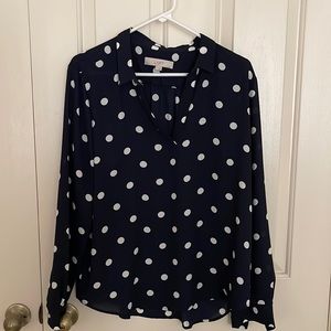 Loft blue with white polka dots long sleeved blouse
